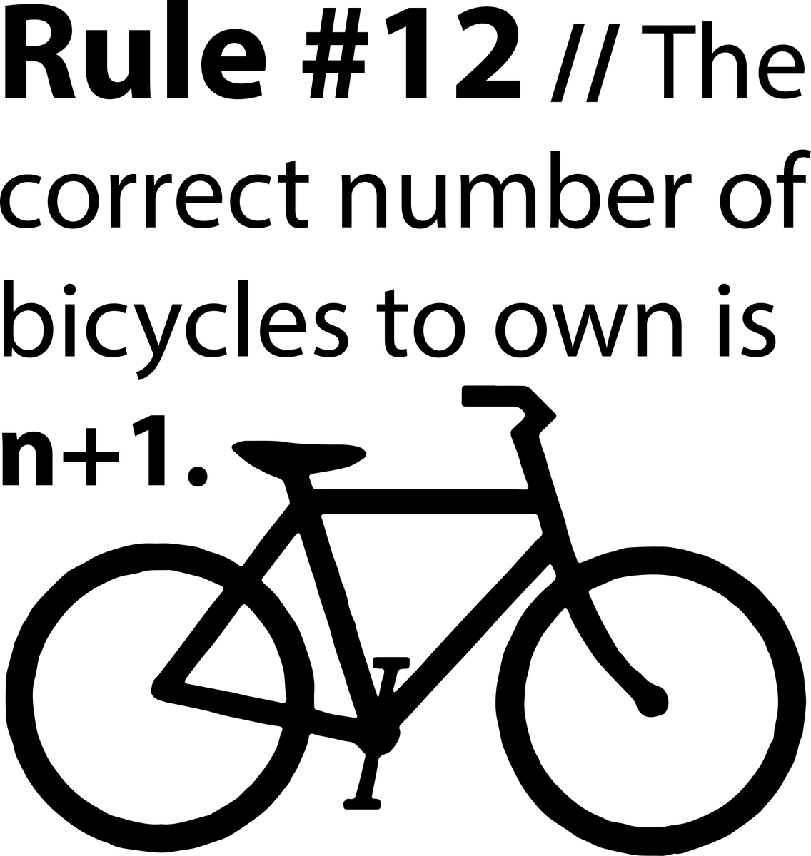 The Correct Number of Bicycles to Own: bicycle t-shirt design with the words “Rule #12 // The correct number of bicycles to own is n+1.”